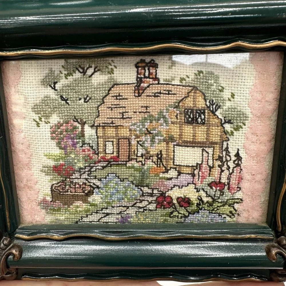 Embroidered Cross Stitch Handmade Vtg Countryside Rustic Cottage 7